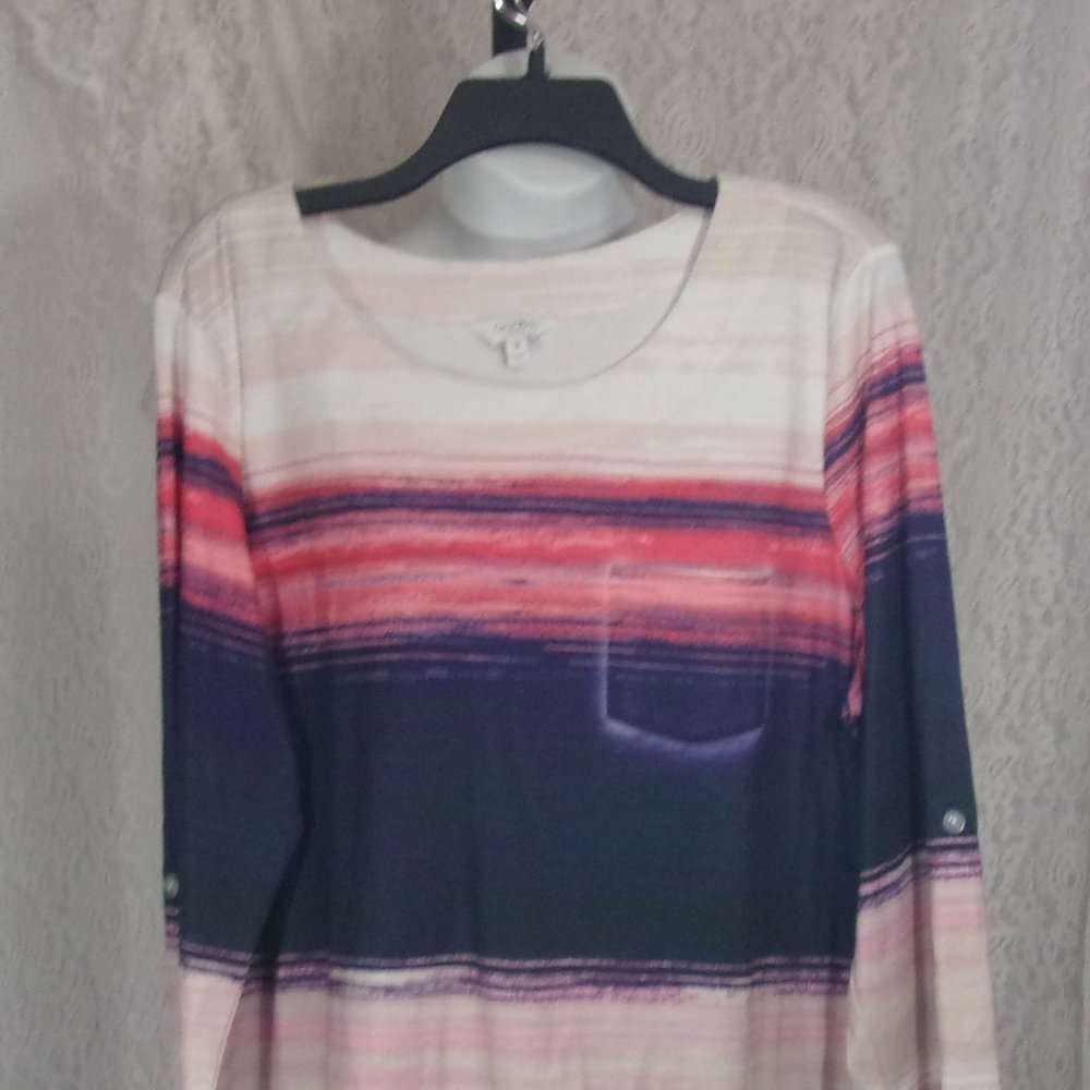 Coral Bay Striped Top of Navy Cream Coral on Beige Size  1X Plus
